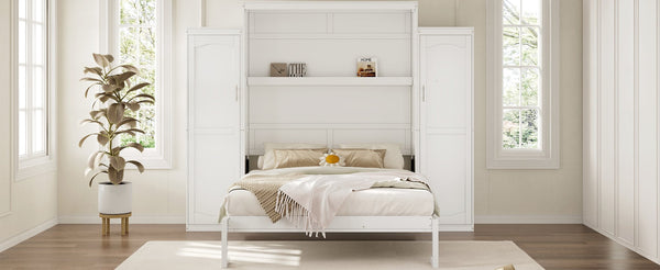 English Elm Queen Murphy Bed with 2 Wardrobes & Foldable Platform, Space-Saving White Queen Bedframe 650lbs N733S339767K