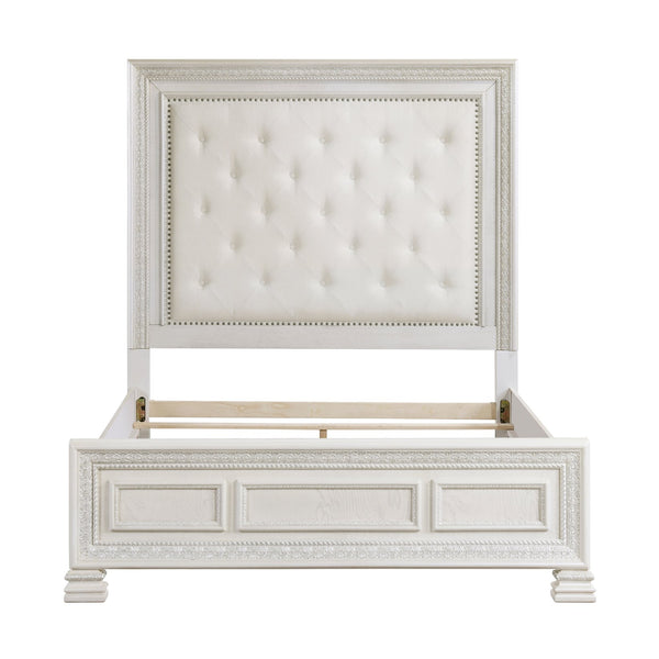 English Elm Classic Pearl White Queen Bed Mansion Headboard Carved Molding Tufted Upholstered Frame B011S01409