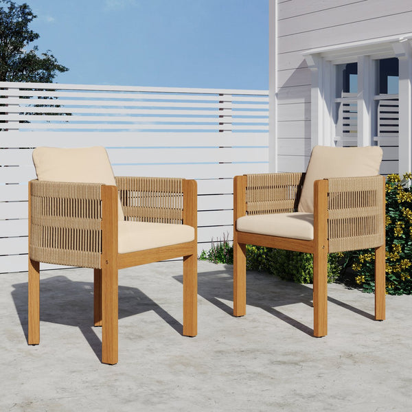 English Elm Christopher Knight Home® - Acacia Outdoor Dining Chairs Set of 2 with Rope Handles, Waterproof Washable Cushions, 400 lb Capacity Beige,Teak N779P279983B