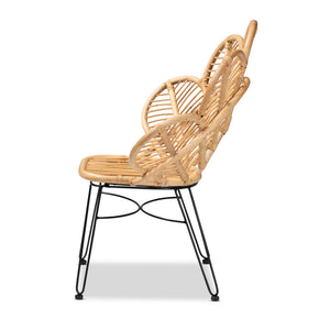 English Elm Modern Bohemian Rattan Accent Chair with Leaf Backrest and Black Metal Legs B2750P470056