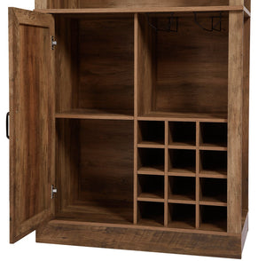 English Elm 76-Inch Rustic Oak Wine Cabinet with 12 Compartments, 3D Faux Rattan Doors, Glass Holders & Shelves W2702P183964