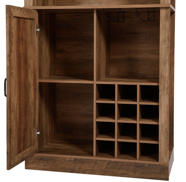 English Elm 76-Inch Rustic Oak Wine Cabinet with 12 Compartments, 3D Faux Rattan Doors, Glass Holders & Shelves W2702P183964