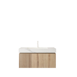 English Elm Muri Floating Bathroom Vanity Plywood Cabinet Sintered Stone Top White Oak Grain W2615S00623