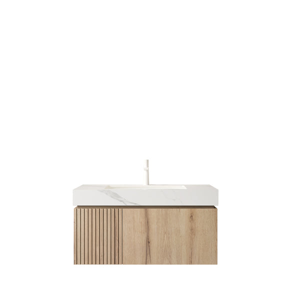 English Elm Muri Floating Bathroom Vanity Plywood Cabinet Sintered Stone Top White Oak Grain W2615S00623