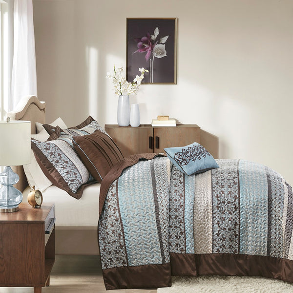 English Elm 5 Piece Princeton Reversible Jacquard Quilt Set Blue Full/Queen - Chocolate Base, Medallion, Embroidered Pillows, Luxe Texture B03597539
