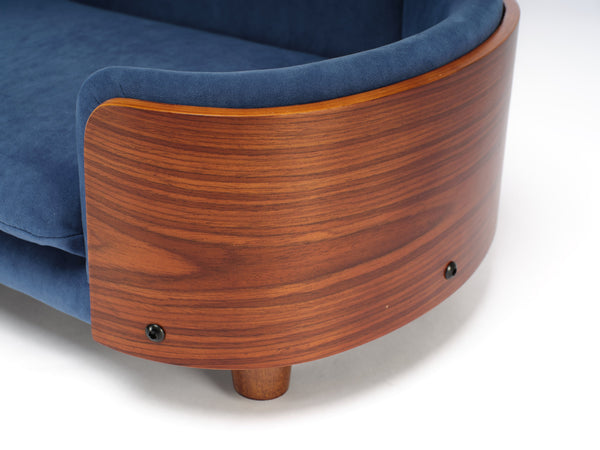 English Elm Scandinavian Elevated Pet Sofa Bed with Walnut Bent Wood Back, Velvet Stain-Resistant Fabric, Cozy Rest Dark Blue W794125923