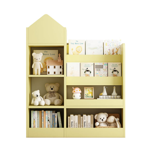 English Elm Yellow Kids Wooden Bookshelf Organizer with 6 Compartments, 2 Removable Bins, Sturdy MDF, Playroom Storage W2876P233555