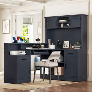 English Elm L-shaped Corner Computer Desk with Built-in Outlets Drawers and Open Shelving Storage W1580S00270