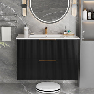 English Elm 075 Floating Wall Mounted Bathroom Vanity Cabinet with Soft Close Drawers Matte Finish Black W3520P345974