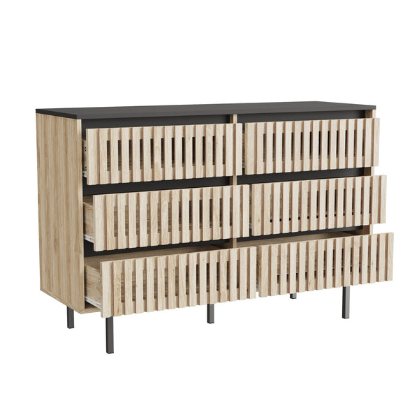 English Elm Fluted,Bedroom Six-Drawer Storage Cabinet Natural+Black | Fluted Vertical Design, Large Capacity, Modern Minimalist Front and Legs 51.96"L W2673P208587
