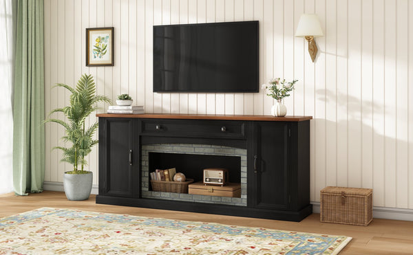 English Elm Elegant Walnut Media Console with Gray Brick Base Open Bay and Adjustable Shelving Black N721P394506B