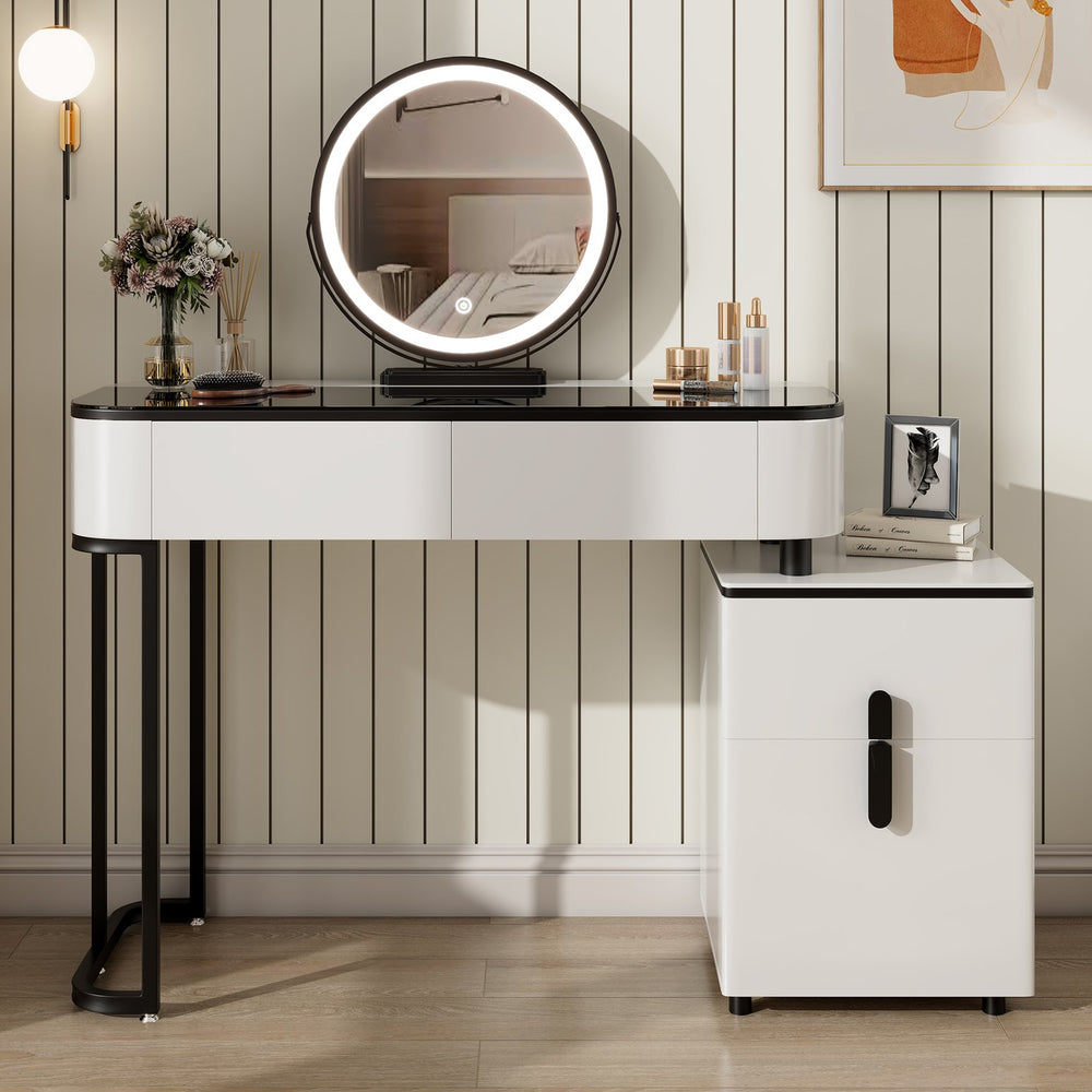 English Elm Modern Glass Top Vanity Table with Adjustable Legs Storage Cabinet and Round Mirror W3767P442396