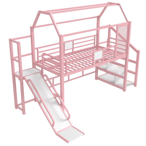 English Elm Twin House Loft Bed with Slide and Stairs, Metal Playhouse with Storage Shelves and Quiet Design Pink W1580S00349