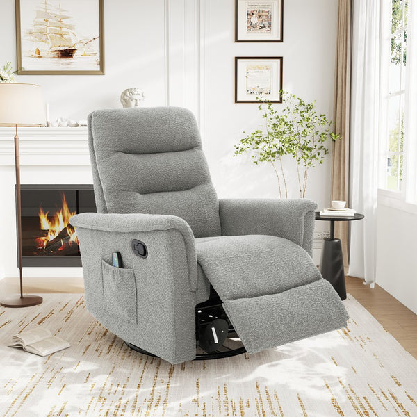 English Elm Manual Recliner Swivel Rocker Boucle Chair with 8-point Massage for Nursery or Living Room Grey N763P363763E