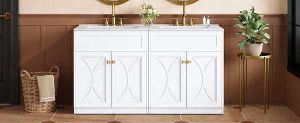 English Elm 60'' Bathroom Vanity Set With Glossy Ceramic Sink, Modern Cabinet, Gold Handles & Soft-Close Doors N710SS00005K