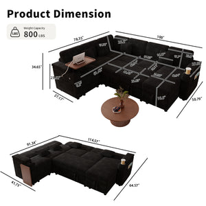 English Elm 100-inch Corduroy U-shaped Sectional Sleeper Sofa with Usb Port and Hidden Storage Black W2564S00136