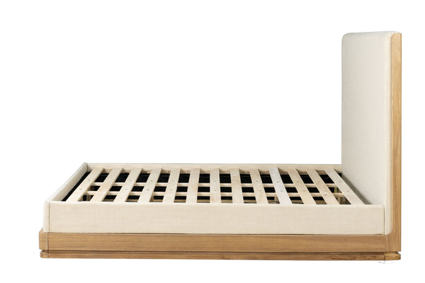 English Elm Zoey Elegant Fabric & Oak Bed Frame with 13 Slats, Wire-Brushed Oak Veneer, 660lb Capacity Beige 87.8 L x 15.75 W x 9.45 H B2726S00520