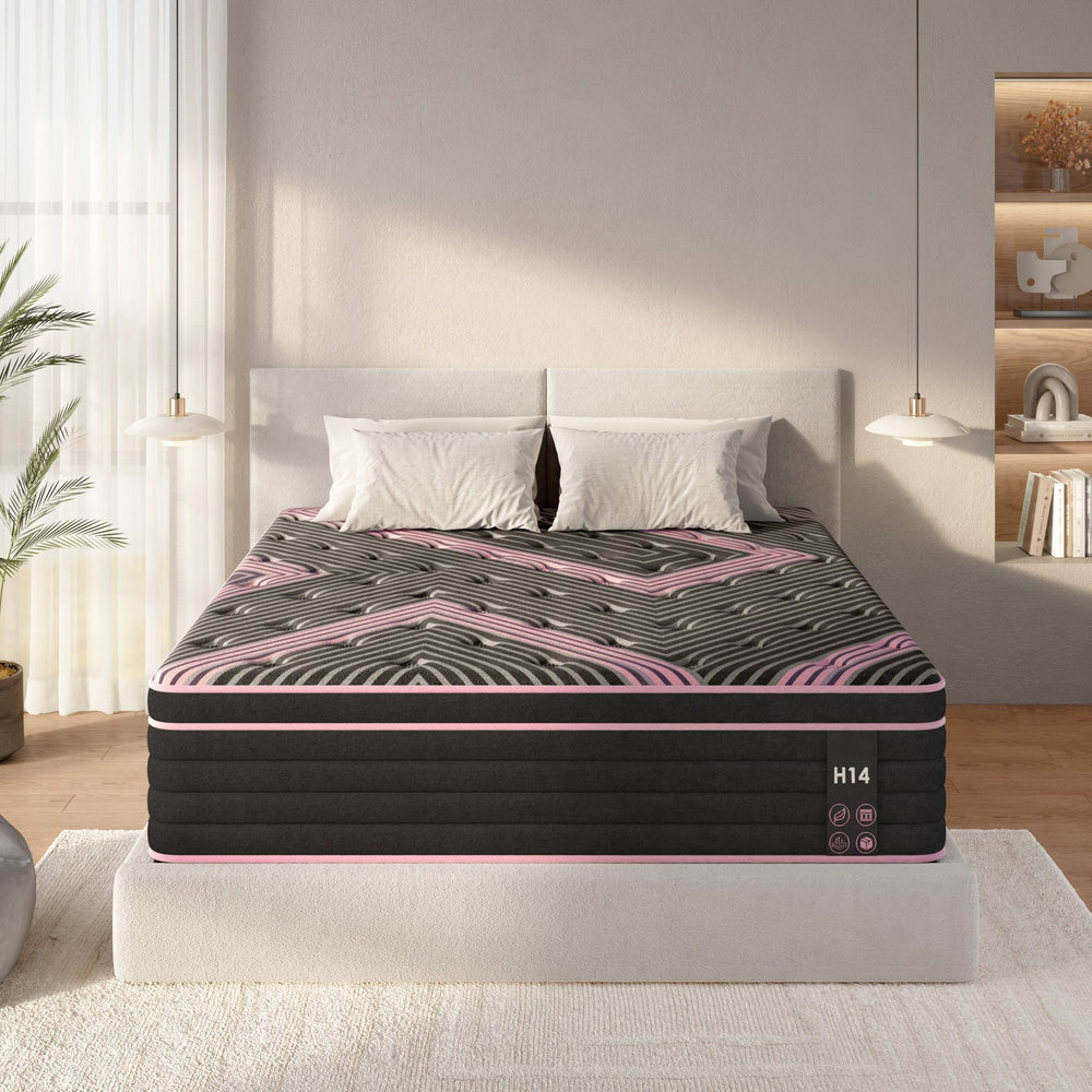 English Elm King Hybrid Mattress 14 Inch Pocketed Coil Memory Foam Medium Firm Hotel Grade Support Pink+Black W2889P423131