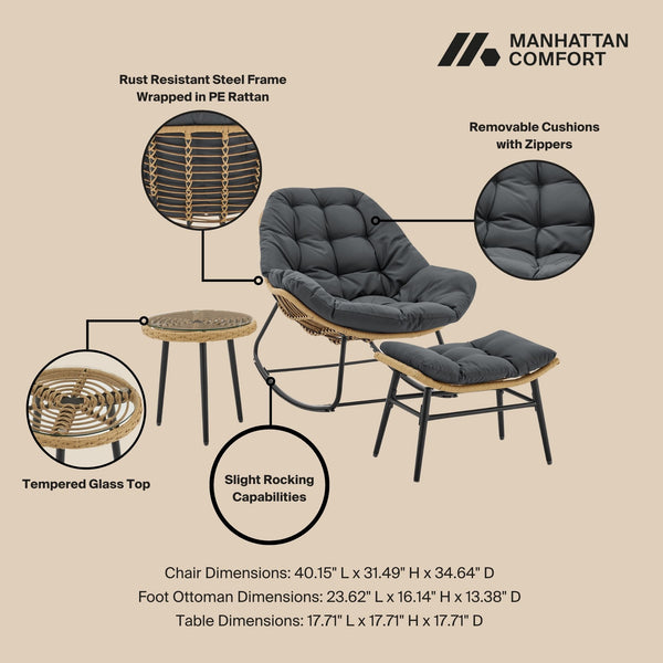 English Elm Benson 3-Piece Lounge Chair Set Gray — Weatherproof PE Rattan, Tufted Cushions, Glass Table, UV Resistant B365P397652