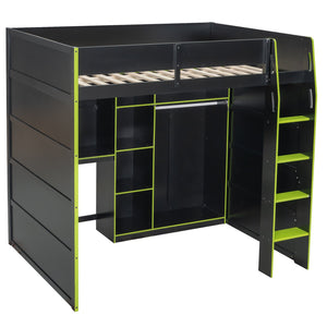English Elm Full Size Loft Bed with Rgb Lighting Desk Open Wardrobe and Storage for Gaming Rooms Green LT000277AAG