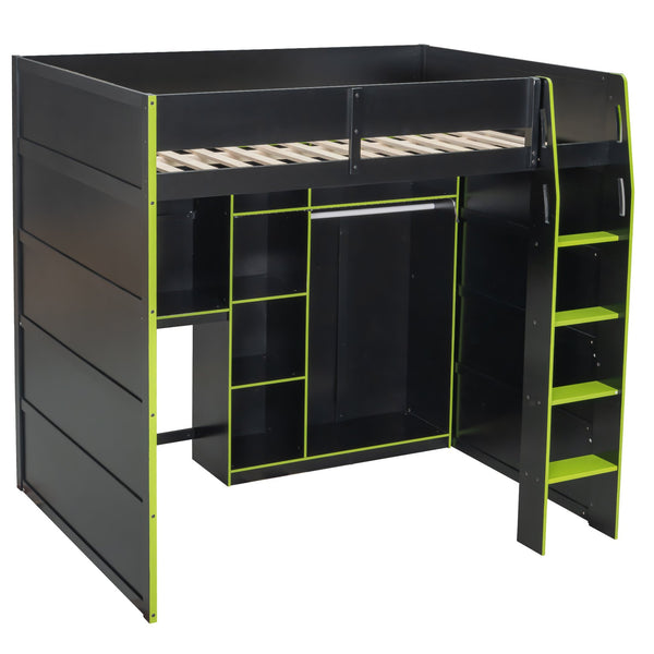 English Elm Full Size Loft Bed with Rgb Lighting Desk Open Wardrobe and Storage for Gaming Rooms Green LT000277AAG