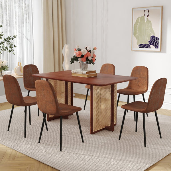 English Elm Table & Chair Set: Elegant Walnut Solid Wood Dining Table With 6 Ergonomic Brown Techno-Fabric Chairs W1151S04066-GIGA