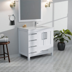 English Elm White 36 in Bath Vanity with Right Offset White Quartz Top, Soft-Close Drawers, Chrome Faucet Set B2731P259020