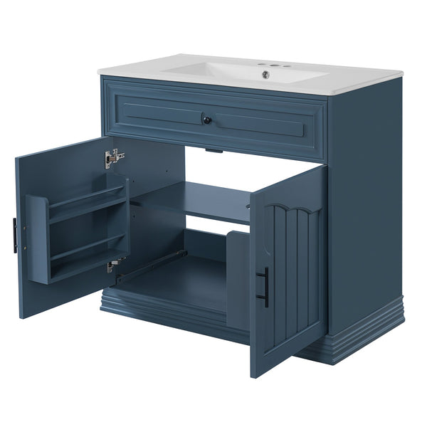 English Elm 36" Luxurious Bathroom Vanity with Ceramic Sink and Soft-Close Doors, Solid Wood Frame, Adjustable Shelves Blue N710P288944C