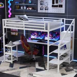 English Elm Metal Queen Loft Bed with Wardrobe, LED Light, L-Shaped Desk and USB Ports for Space-Saving Rooms White 65.75 L x 17.52 W x 6.3 H W2593S00039