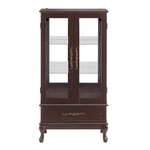 English Elm Curio Lighted Glass Display Cabinet with Adjustable Shelves, Vintage Drawer & Carved Metal Handle, Dark Finish Cherry W2275P199813
