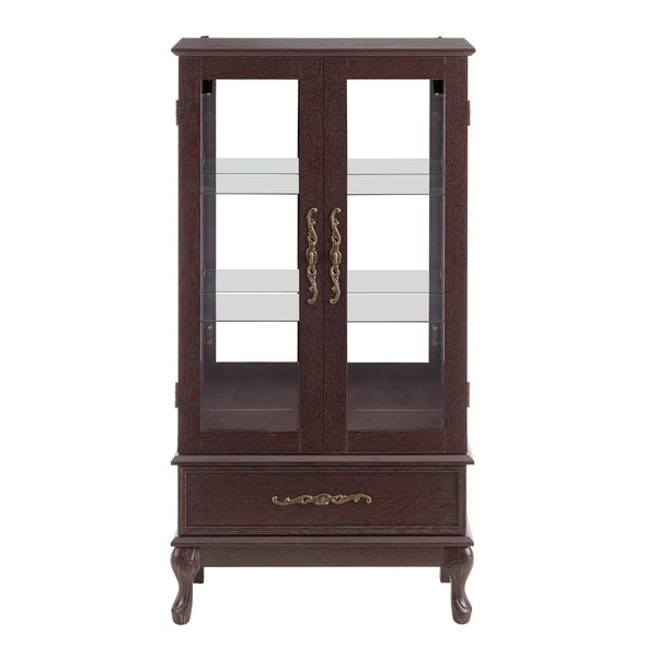 English Elm Curio Lighted Glass Display Cabinet with Adjustable Shelves, Vintage Drawer & Carved Metal Handle, Dark Finish Cherry W2275P199813