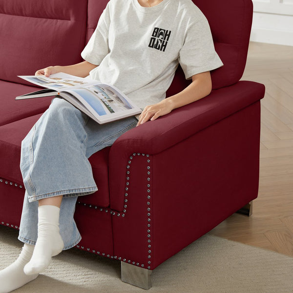 English Elm 82" Chesterfield Snowfleece Upholstered 3-seat Sofa Nailhead Trim Plush Living Room Burgundy W1359P386020