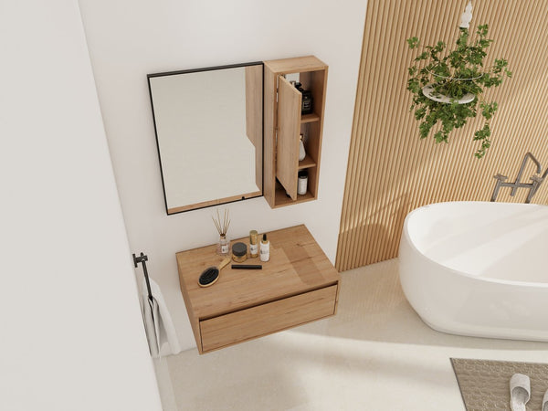 English Elm 30'' Wall Mounted Mirror Cabinet Black Aluminum Frame Soft Close Bathroom Storage W999S00539