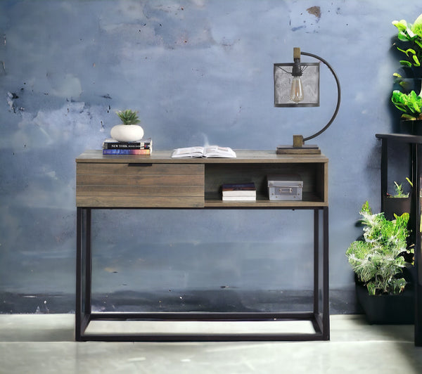 English Elm Galeno Rustic Oak Writing Desk with Black Metal Legs, Industrial Durable Composite Wood Storage﻿ B2726P243694