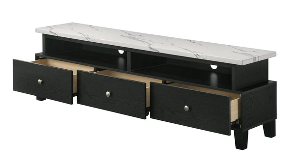 English Elm 1pc Timeless Entertainment Console with Faux Marble Top, Antique Two-Tone Finish, Sliding Doors and Drawers Black,White 18.43 L x 73.43 W x 20.79 H B2741P295129