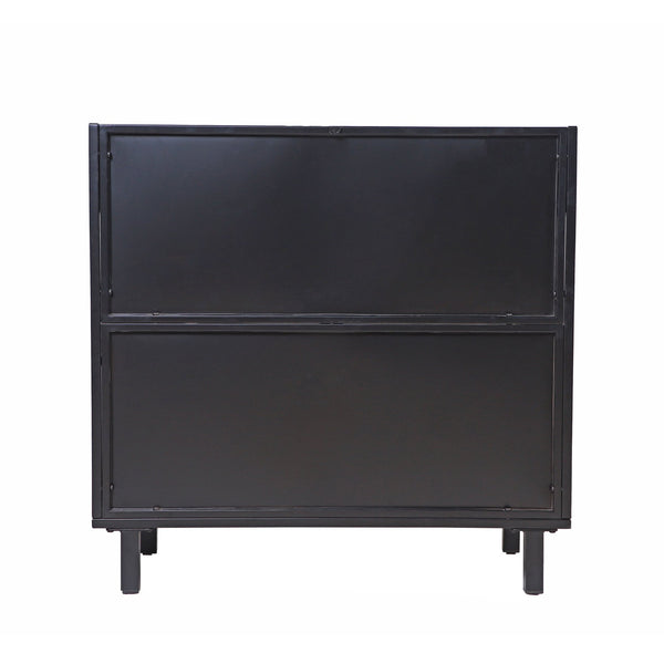 English Elm Modern Sideboard Buffet Cabinet Antique Black Steel Frame with Tempered Figured Glass Doors, Flip-Top Storage Console W3122P272901