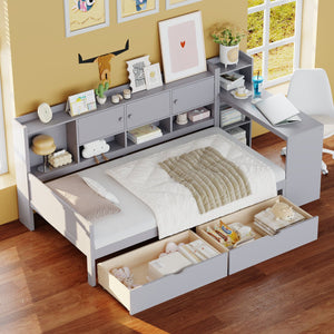 English Elm Twin L-Shape Daybed with Storage, 3 Cabinets & 2 Drawers, Built-In Desk Bookshelf, Gray Twin N733S247070E
