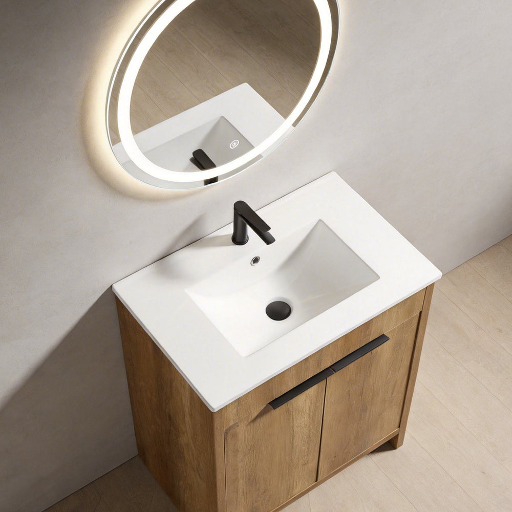 English Elm 30 Inch Floating Bathroom Vanity Fluted Wood Grain Front with Ceramic Integrated Sink W3520S00046