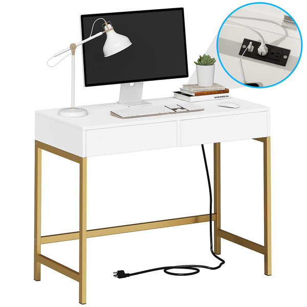 English Elm 40" Charging Station Desk with Built-In Outlets & USBs, 2 Drawers, Waterproof MDF, Compact Elegance White+Gold T3771P370790