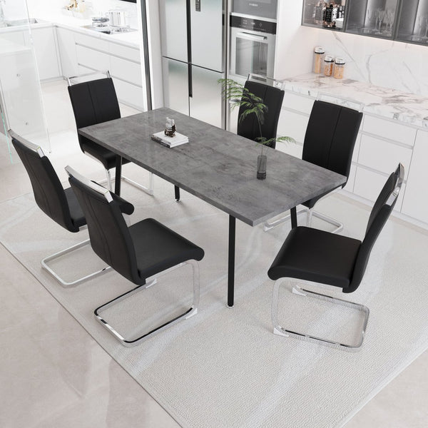 English Elm 55.12-70.87" Expandable Square Dining Set Seats Six with Cushioned Faux Leather Chairs Black+Grey W2189S00906