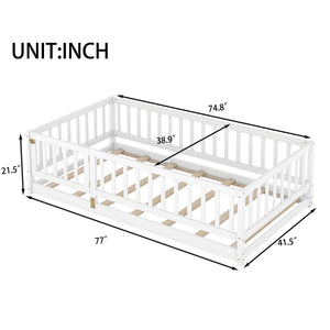 English Elm Twin Montessori Pine Floor Bed with Perimeter Fence Door and Slatted Base for Kids W1820P399071