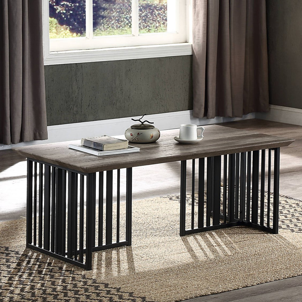 English Elm Antique Oak Coffee Table With Sturdy Black Metal Base - Stylish Blend Of Vintage And Modern Design B062P209139