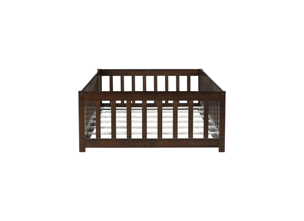 English Elm Twin Solid Rubberwood Floor Bed with Full Perimeter Safety Rails for Toddler Rooms Espresso W504P296781