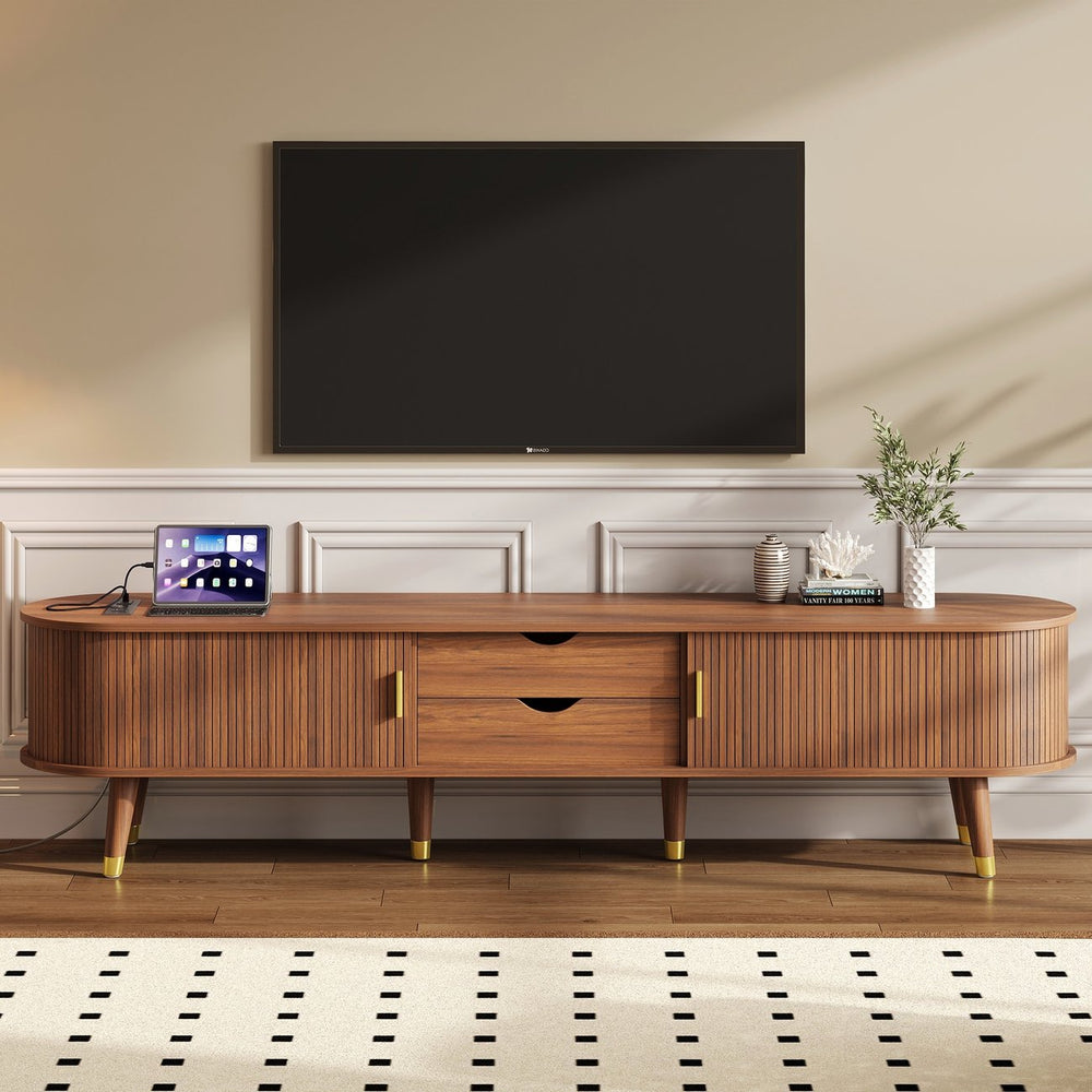 English Elm Wooden Fluted Tambour Media Console Mid Century Modern Tv Stand with Built in Charging Walnut N721P428444D