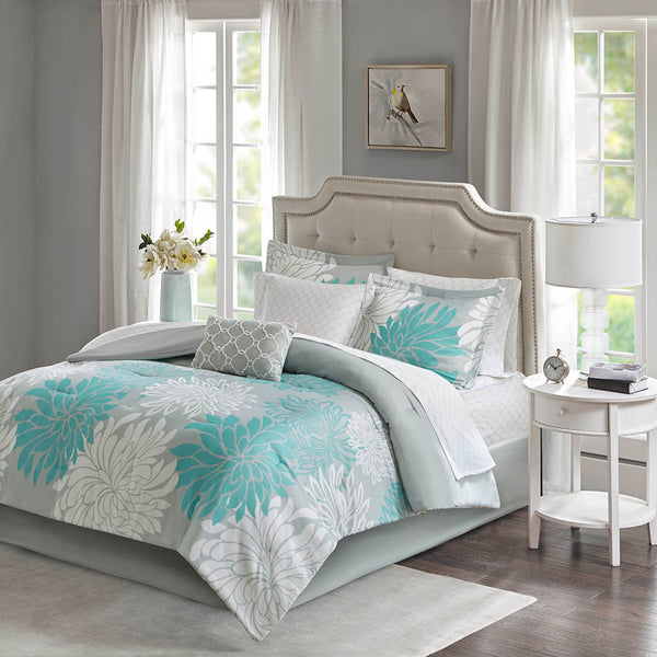 JLA Home Madison Park Essentials - 7 Piece Comforter Set with breathable cotton sheets, floral aqua-grey microfiber comforter, antimicrobial protection for long-lasting freshness and easy machine care 86 L x 68 W x 1.5H MPE10-727