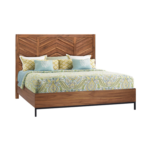 English Elm Astoria King Bed Acacia Wood Chevron Headboard with Usb Ports and Metal Legs B108S00048