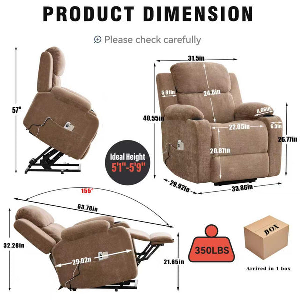 English Elm Infinite Power Lift Recliner with Massage Heat Usb Port and Cup Holders for Seniors W5029P388739