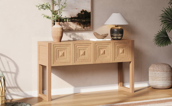 English Elm [video] Art Deco Console Table Geometric Carved Fronts Fluted Legs 3 Soft-close Drawers Light Brown N759P433572T