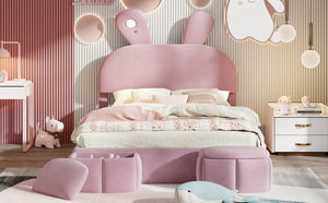 English Elm Full Pink Velvet Platform Bed Cartoon Ear Headboard Led Light Storage Stools N709P195300H-1