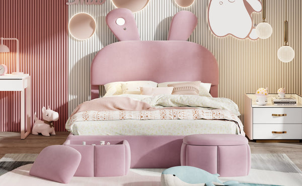 English Elm Full Pink Velvet Platform Bed Cartoon Ear Headboard Led Light Storage Stools N709P195300H-1